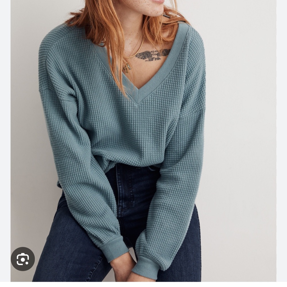 Madewell Waffle Knit V-Neck Long-Sleeve Sweater - Blue - L